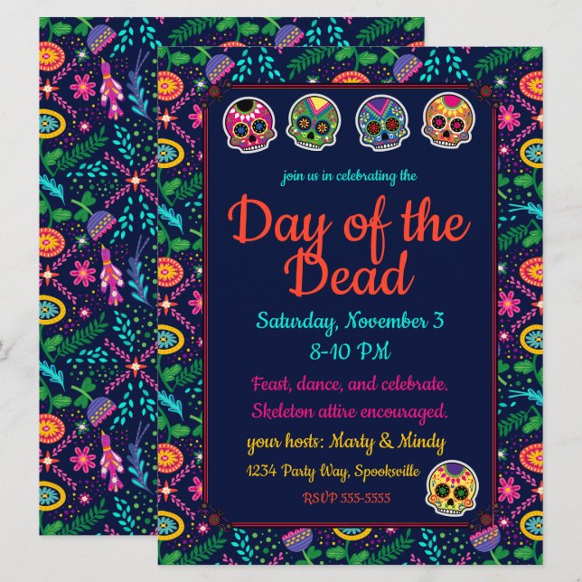 Sugar Skulls and Flowers Dias de los Muertos Invitation (Front/Back)