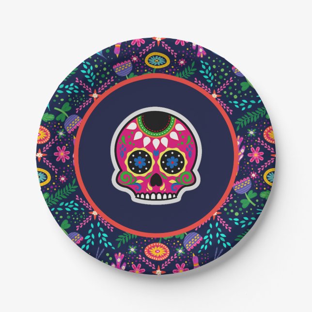 Sugar Skulls and Flowers Dias de los Muertos Paper Plate (Front)