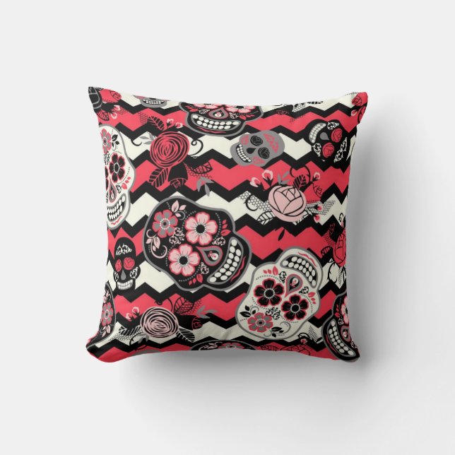 Sugar Skulls And Flowers Pattern Cushion (Front)