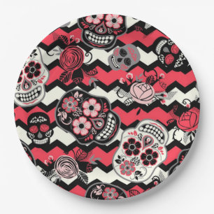 Sugar Skulls And Flowers Pattern Paper Plate