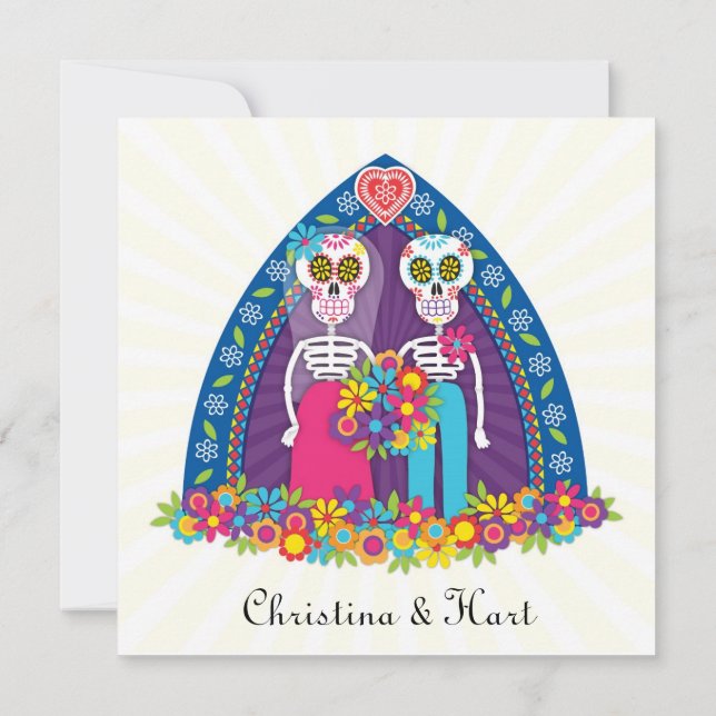 Sugar Skulls and Flowers Wedding Yellow Bkgnd Invitation (Back)
