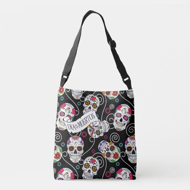Sugar Skulls and Swirls Black ID725 Crossbody Bag (Back)