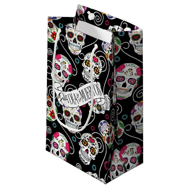Sugar Skulls and Swirls Black ID725 Small Gift Bag (Front Angled)