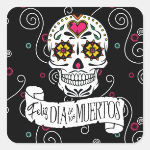 Sugar Skulls and Swirls Black ID725 Square Sticker