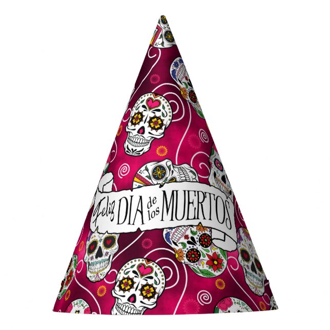 Sugar Skulls and Swirls Rose Red D725 Party Hat (Front)