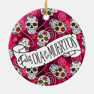 Sugar Skulls and Swirls Rose Red ID725 Ceramic Tree Decoration