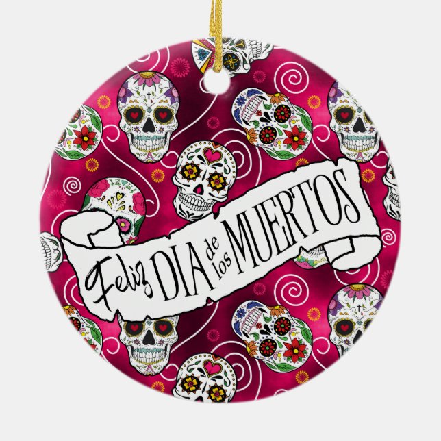Sugar Skulls and Swirls Rose Red ID725 Ceramic Tree Decoration (Back)