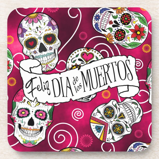 Sugar Skulls and Swirls Rose Red ID725 Coaster (Front)