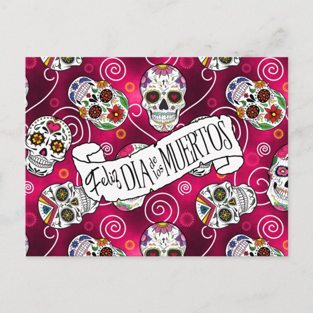 Sugar Skulls and Swirls Rose Red ID725 Postcard (Front)