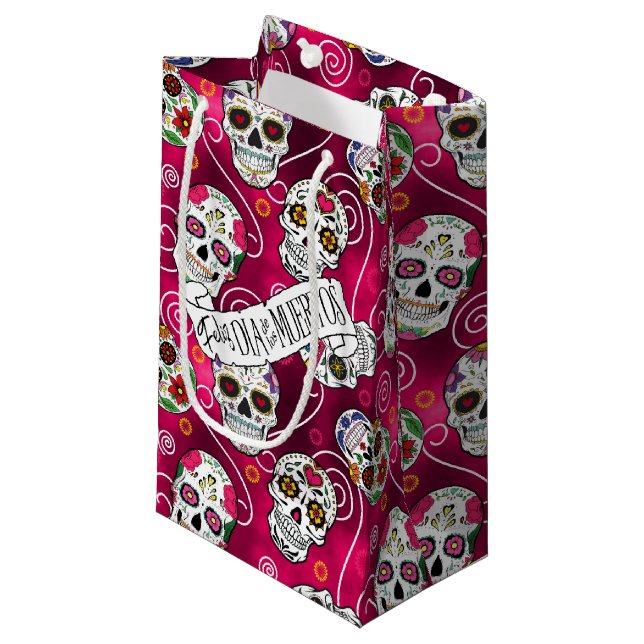 Sugar Skulls and Swirls Rose Red ID725 Small Gift Bag (Front Angled)