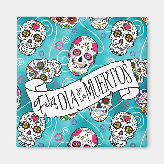 Sugar Skulls and Swirls Rose Turquoise ID725 Magnet (Front)