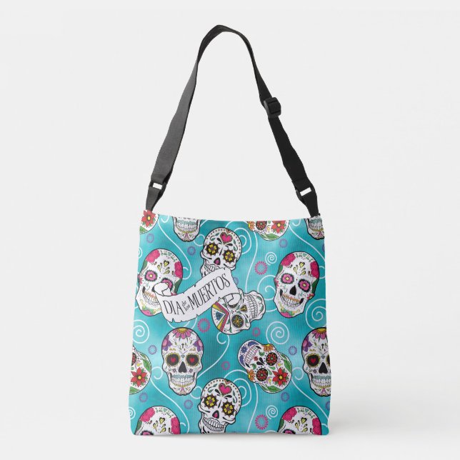 Sugar Skulls and Swirls Turquoise ID725 Crossbody Bag (Back)
