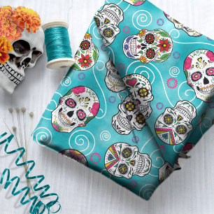 Sugar Skulls and Swirls Turquoise ID725 Fabric