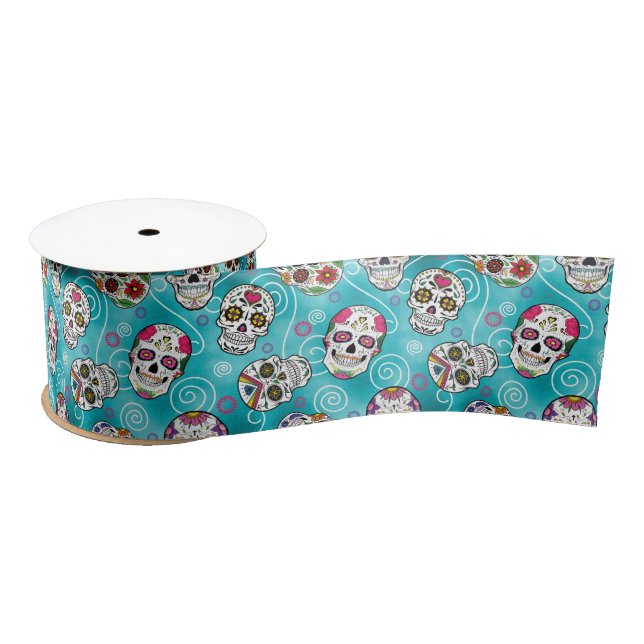 Sugar Skulls and Swirls Turquoise ID725 Satin Ribbon (Spool)