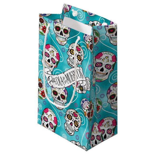 Sugar Skulls and Swirls Turquoise ID725 Small Gift Bag (Front Angled)
