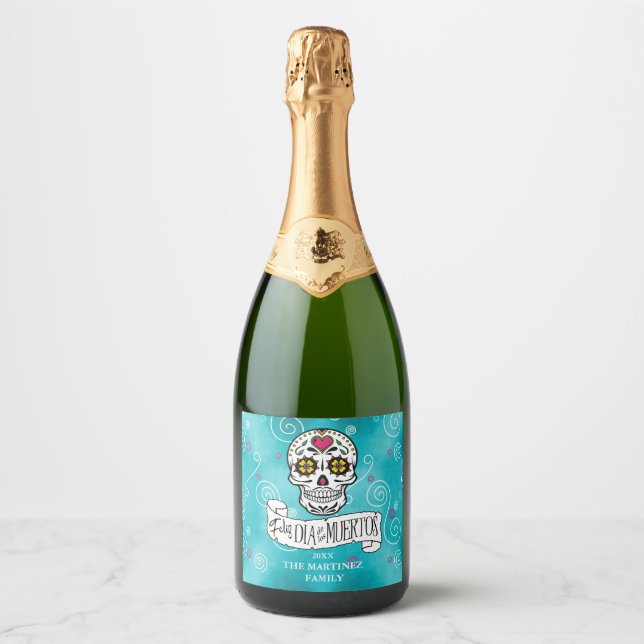 Sugar Skulls and Swirls Turquoise ID725 Sparkling Wine Label (Front)