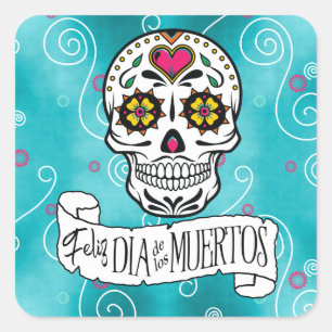Sugar Skulls and Swirls Turquoise ID725 Square Sticker