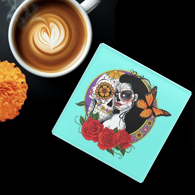 Sugar Skulls Art Nouveau Glass Coaster (Creator Uploaded)
