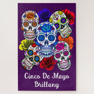 Sugar Skulls Colourful Roses Cinco All Souls Name Jigsaw Puzzle