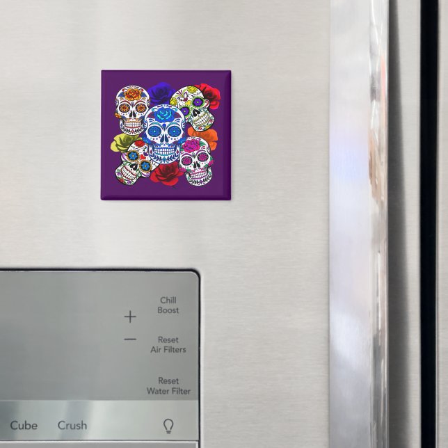 Sugar Skulls Colourful Roses Cinco All Souls Refri Magnet (In Situ (Fridge))