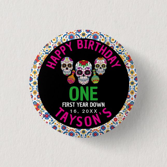 Sugar Skulls Day 1st Birthday Party Colourful Día 3 Cm Round Badge (Front)