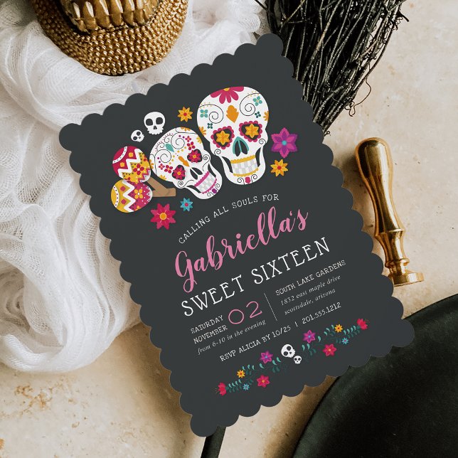 Sugar Skulls Day of the Dead Theme Sweet Sixteen Invitation (Creator Uploaded)