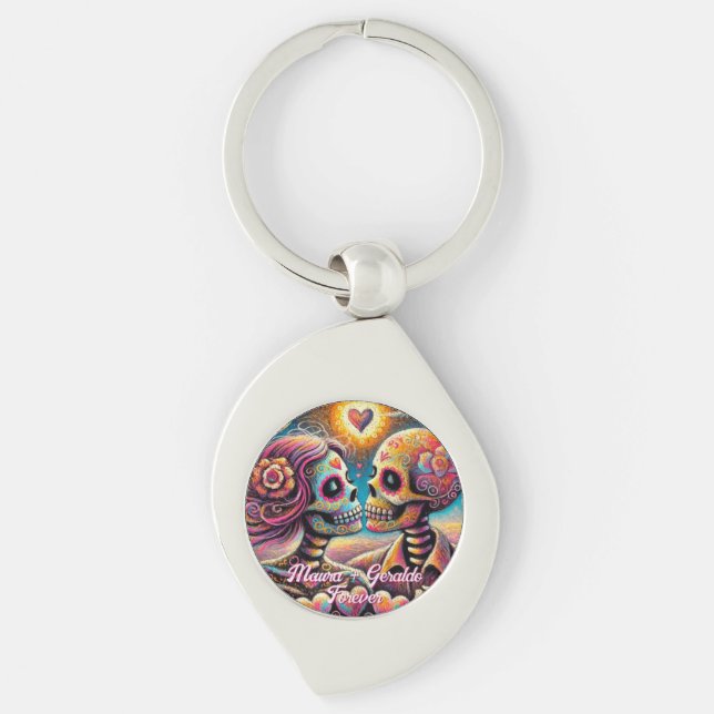 Sugar Skulls in Love Chalk Pastel Personalised Key Ring (Front)