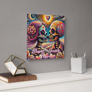 Sugar Skulls in Love Chalk Pastel Personalised Square Wall Clock