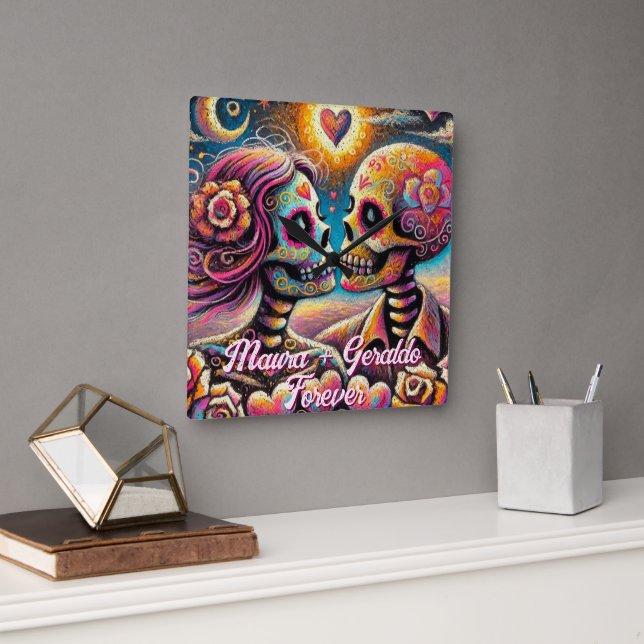 Sugar Skulls in Love Chalk Pastel Personalised Square Wall Clock (Office)