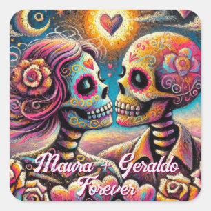 Sugar Skulls in Love Chalk Pastel Personalized Square Sticker