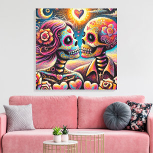 Sugar Skulls in Love Impressionistic Chalk Pastel Canvas Print