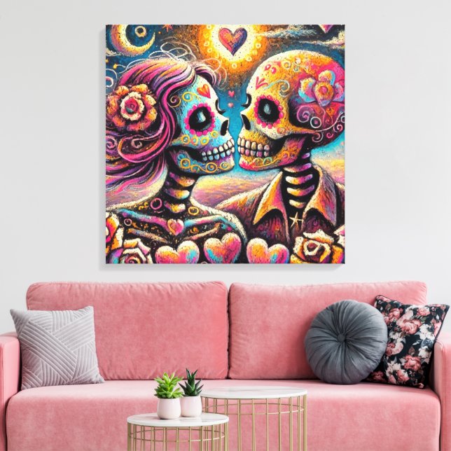 Sugar Skulls in Love Impressionistic Chalk Pastel  Canvas Print (Insitu(LivingRoom))