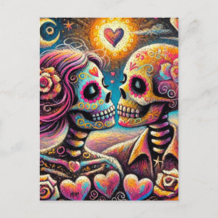 Sugar Skulls in Love Impressionistic Chalk Pastel Postcard