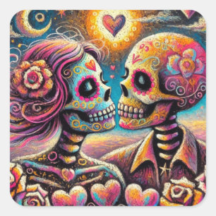 Sugar Skulls in Love Impressionistic Chalk Pastel Square Sticker