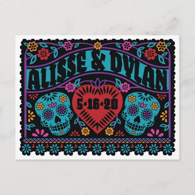 Sugar Skulls Papel Picado Style Save the Date Announcement Postcard (Front)