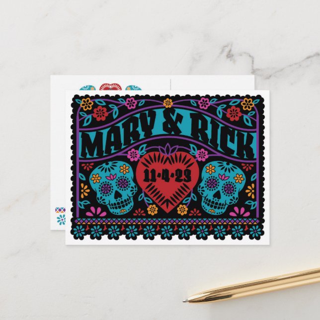 Sugar Skulls Papel Picado Style Save the Date Announcement Postcard (Front/Back In Situ)