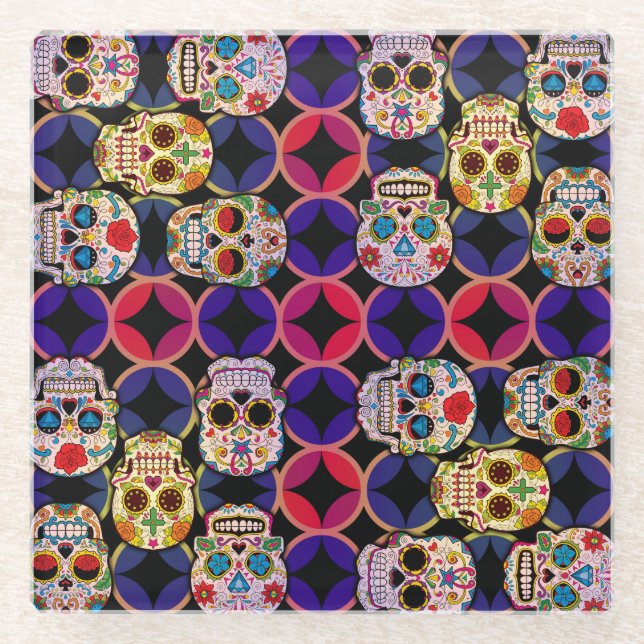 Sugar Skulls Pattern Glass Coaster (Front)