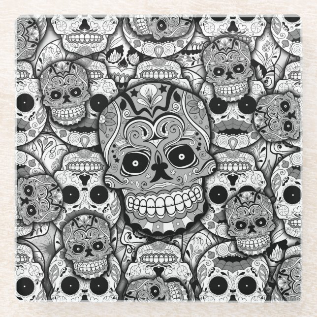 Sugar Skulls Pattern Glass Coaster (Front)