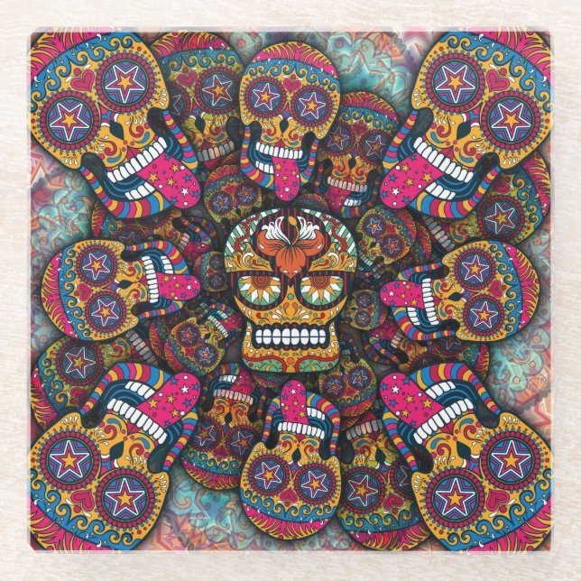 Sugar Skulls Pattern Glass Coaster (Front)