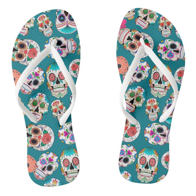 Sugar Skulls Pattern on Teal Flip Flops (Footbed)