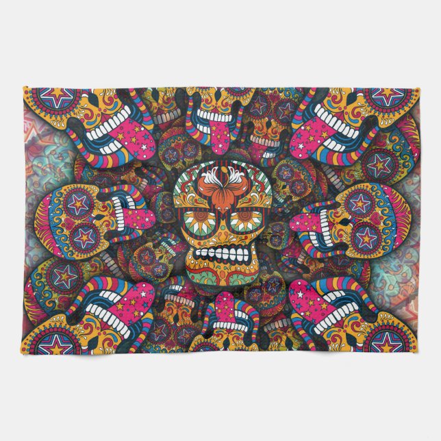 Sugar Skulls Pattern Tea Towel (Horizontal)