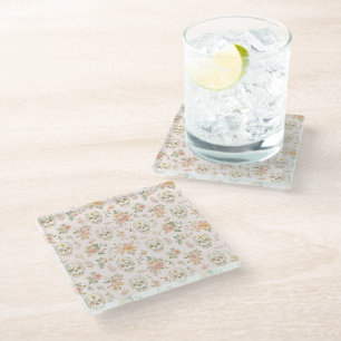 Sugar Skulls Peach Flowers Glass Coaster