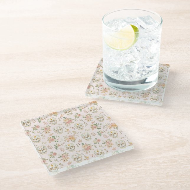Sugar Skulls Peach Flowers Glass Coaster (Angled)
