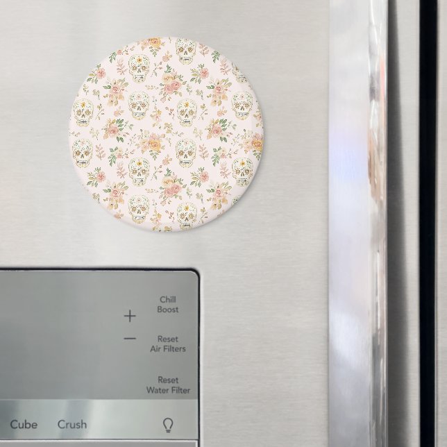 Sugar Skulls Peach Flowers Magnet (In Situ (Fridge))