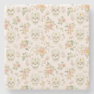 Sugar Skulls Peach Flowers Stone Coaster