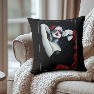 Sugar Skulls Red Roses Black Cushion