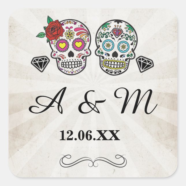 Sugar Skulls Rustic Vintage Roses Stickers Labels (Front)