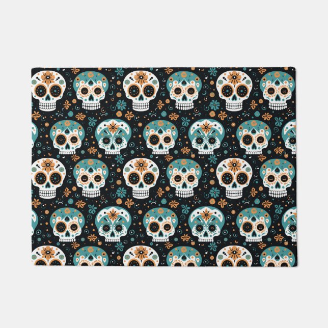 Sugar Skulls - Teal and Cinnamon Pattern Doormat (Front)