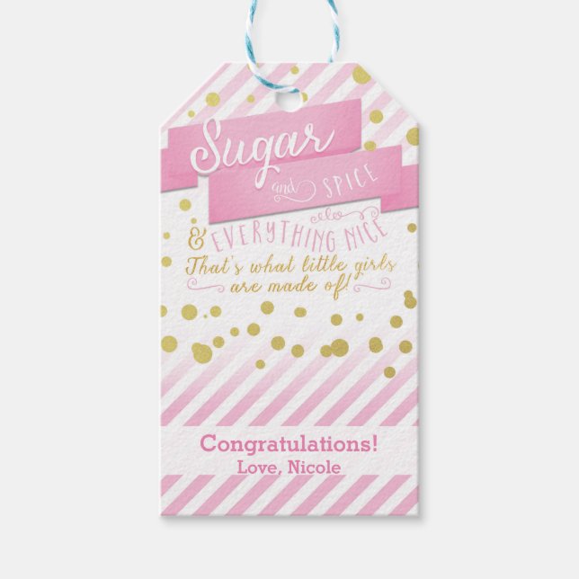 Sugar & Spice Pink & Gold Baby Shower Gift Tag (Front)