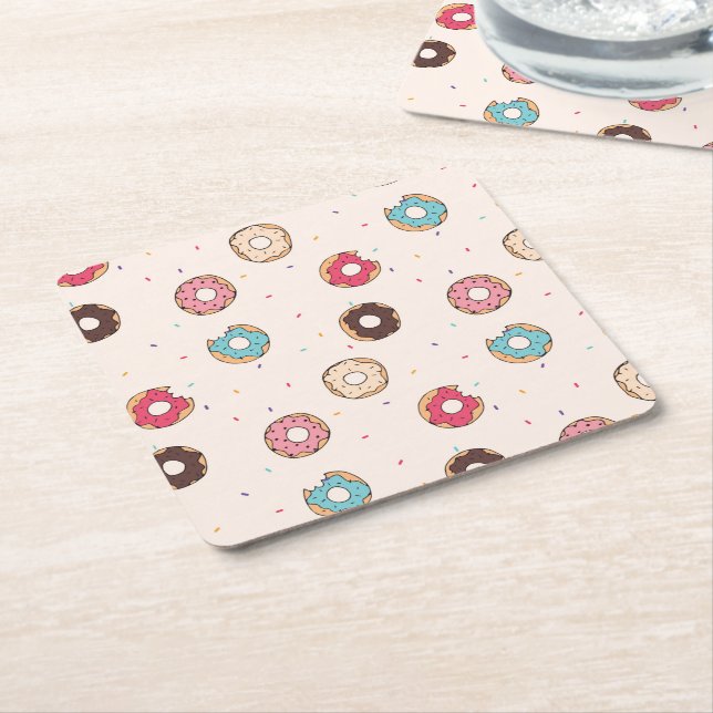 Sugar Sweet Doughnut Pattern Square Paper Coaster (Angled)